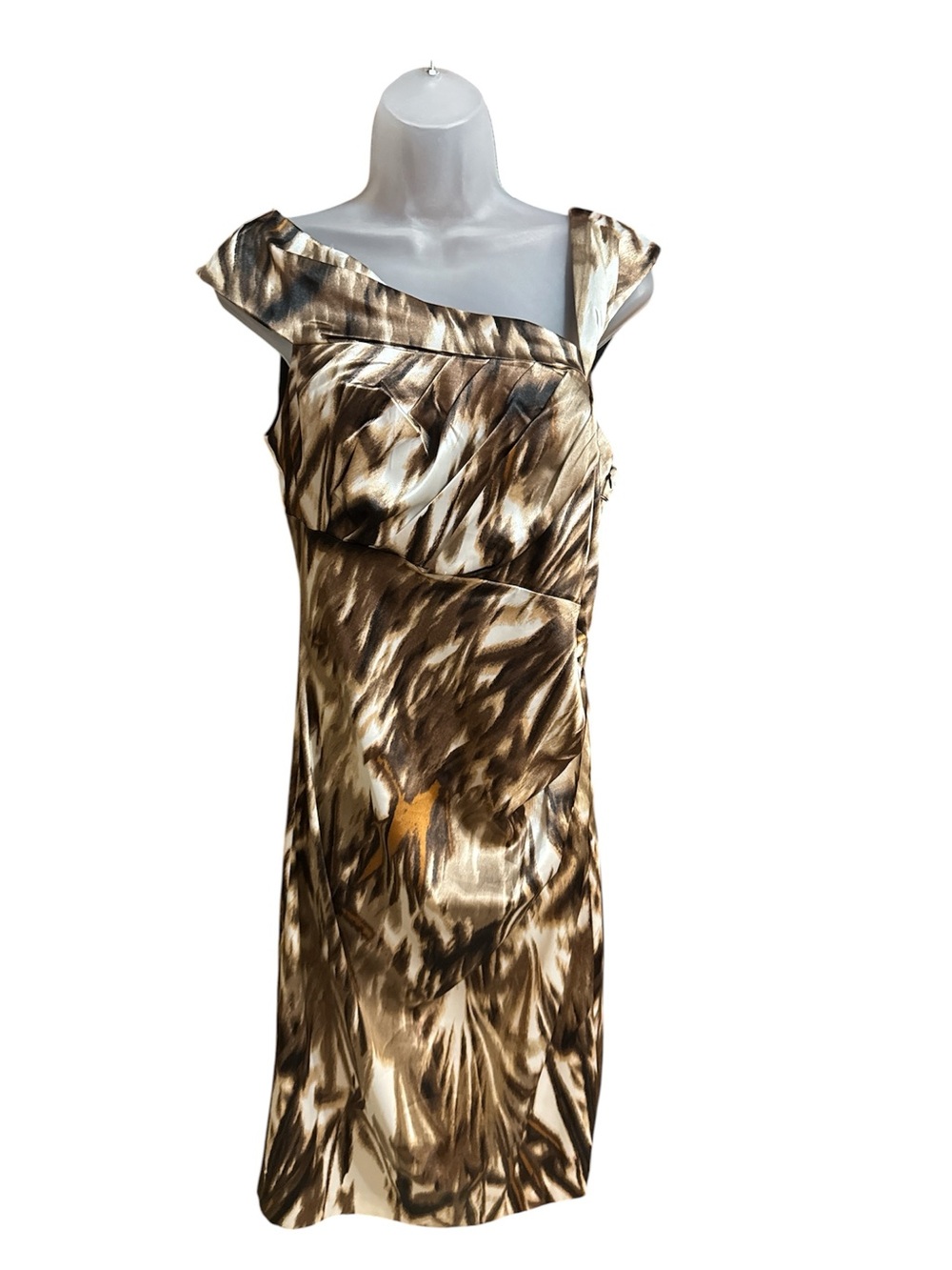 Maggy London One-Shoulder faux wrap pleated party dress Brown & Cream